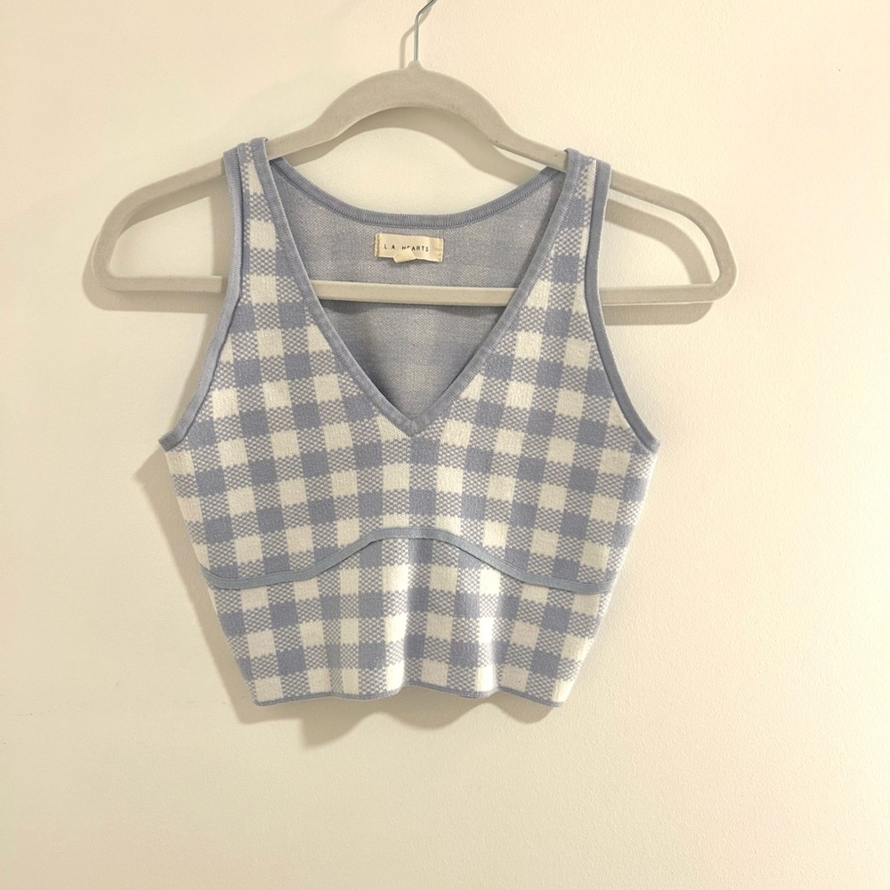 La Hearts Blue and White Cropped Gingham Tank Top